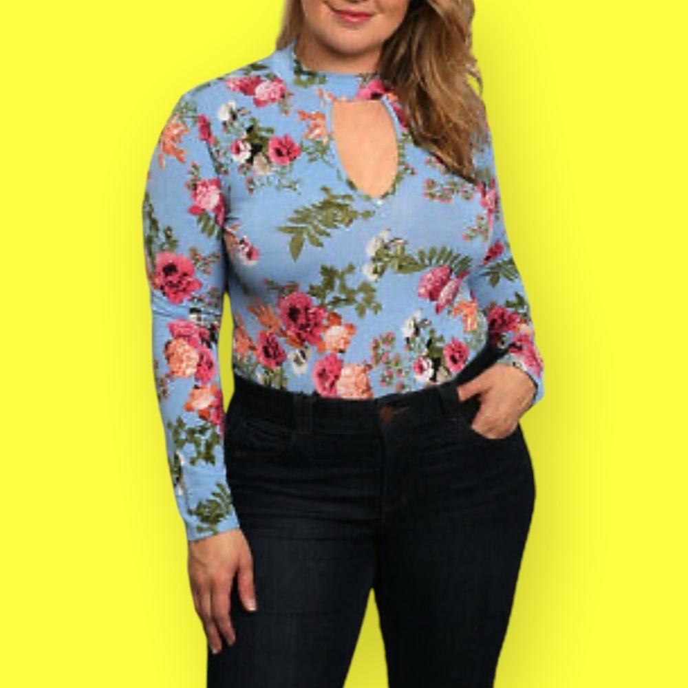 Boutique Women’s Plus 2XL Keyhole Mock Neck Blue Floral Long Sleeve Bodysuit